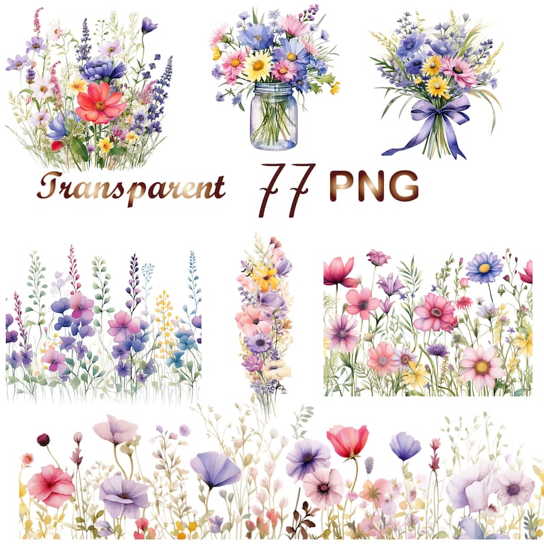Peut inclure: Un ensemble de sept illustrations &agrave; l'aquarelle de fleurs sauvages dans diff&eacute;rentes compositions. Les illustrations pr&eacute;sentent un bouquet de fleurs dans un bocal en verre, un bouquet de fleurs li&eacute; par un ruban, une bordure de fleurs sauvages et une seule tige de fleurs sauvages.