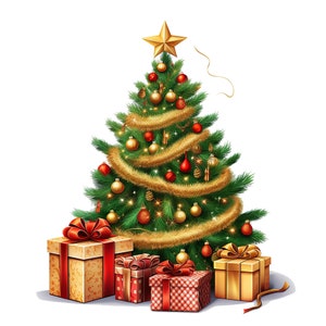 May include: A decorated Christmas tree with a gold star on top, adorned with red and gold ornaments, and gold garland. Several wrapped gift boxes with red bows are at the base of the tree, creating a festive holiday scene.