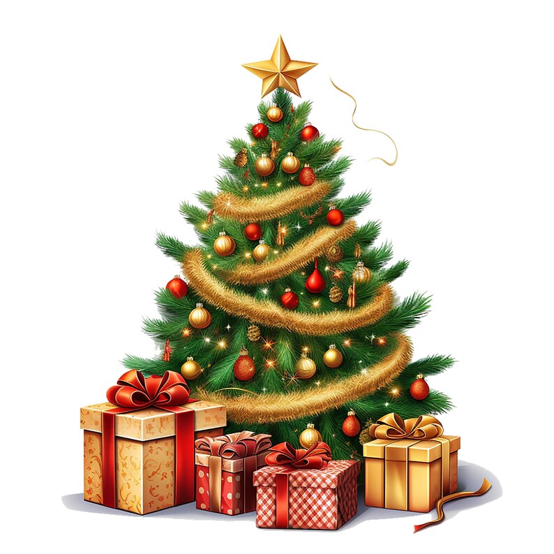 May include: A decorated Christmas tree with a gold star on top, adorned with red and gold ornaments, and gold garland. Several wrapped gift boxes with red bows are at the base of the tree, creating a festive holiday scene.