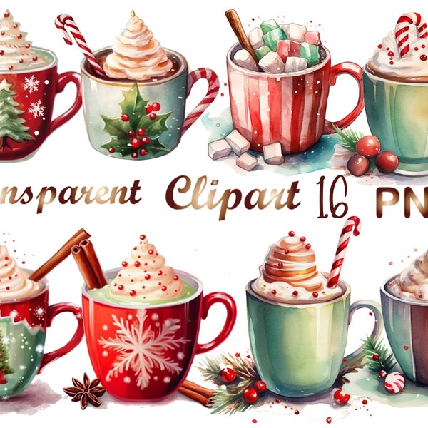 16 Watercolor  Hot Chocolate Clipart, Watercolor Hot Cocoa PNG, Christmas Collage Images, Winter Junk Journal,Digital Planner,Commercial use