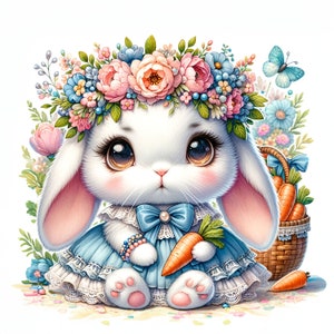 May include: A white bunny wearing a blue dress with a white lace trim and a blue bow. The bunny is holding a carrot and wearing a flower crown with pink, blue, and white flowers.