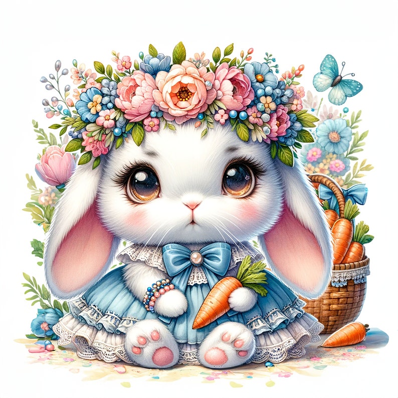 May include: A white bunny wearing a blue dress with a white lace trim and a blue bow. The bunny is holding a carrot and wearing a flower crown with pink, blue, and white flowers.