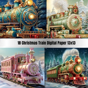 18 Printable Enchanted Christmas Train Digital Paper, Christmas Train Background, Xmas Landscape Backdrop,Download Junk Journal,Scrapbooking