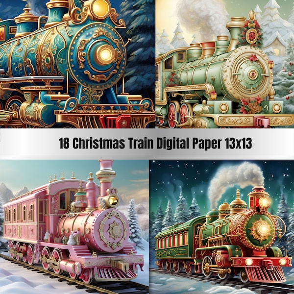 18 Printable Enchanted Christmas Train Digital Paper, Christmas Train Background, Xmas Landscape Backdrop,Download Junk Journal,Scrapbooking