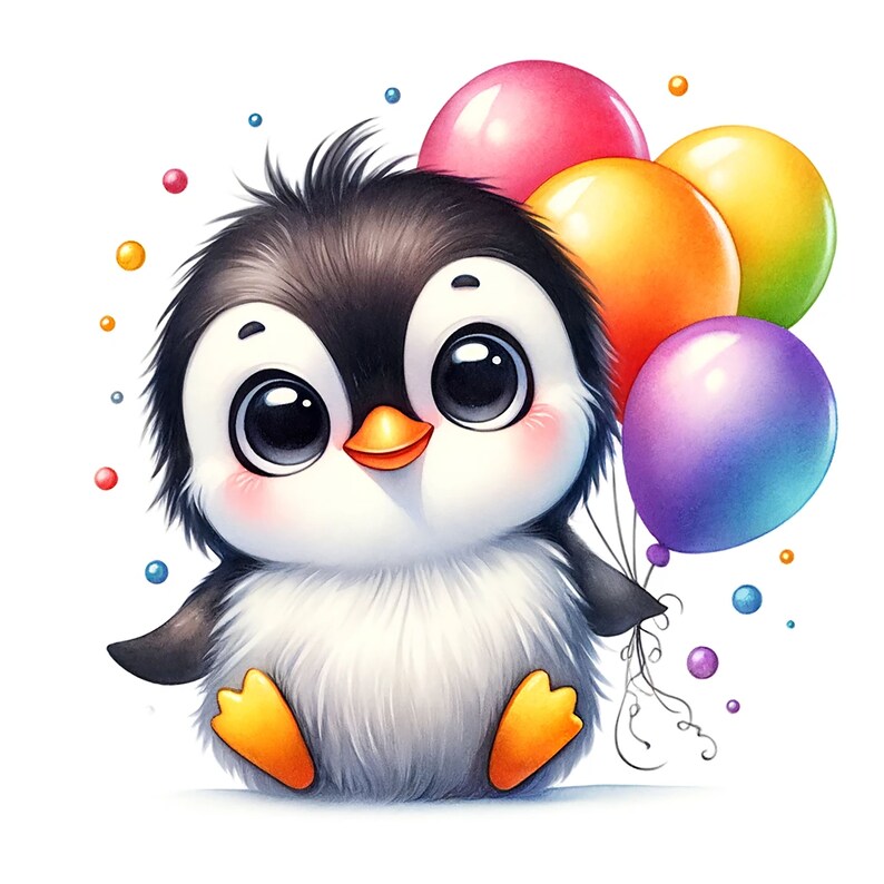 May include: A cute cartoon penguin with black and white feathers and a bright orange beak is holding a bunch of colorful balloons. The balloons are pink, yellow, green, and purple.