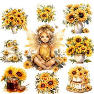 Puede incluir: Una ilustraci&oacute;n de acuarela de un hada con alas, sentada en un girasol con un pastel y un tarro de miel en el fondo. El hada lleva un vestido amarillo y tiene el pelo largo y rubio. Los girasoles son amarillos con centros marrones. El pastel es blanco con flores amarillas en la parte superior. El tarro de miel es transparente con una tapa amarilla.