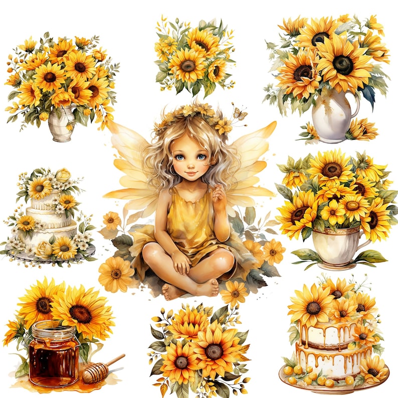 Puede incluir: Una ilustraci&oacute;n de acuarela de un hada con alas, sentada en un girasol con un pastel y un tarro de miel en el fondo. El hada lleva un vestido amarillo y tiene el pelo largo y rubio. Los girasoles son amarillos con centros marrones. El pastel es blanco con flores amarillas en la parte superior. El tarro de miel es transparente con una tapa amarilla.