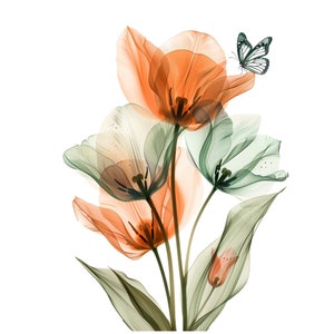 May include: A bouquet of translucent orange and green tulips with a delicate butterfly perched on one of the blooms.