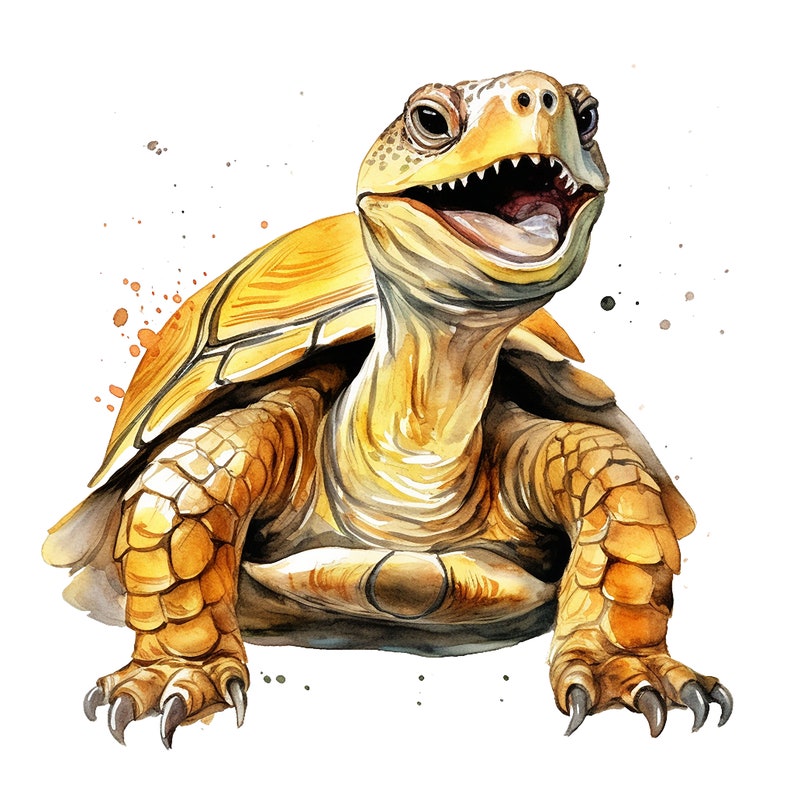 May include: A watercolor painting of a yellow turtle with its mouth open in a wide smile. The turtle is painted in a realistic style with detailed scales and a textured shell.