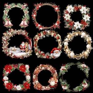 May include: Nine Christmas wreath designs on a black background. The wreaths feature festive elements such as bells, poinsettias, berries, ornaments, and Santa Claus illustrations. Each wreath has a circular or semi-circular shape, ideal for holiday decorations.