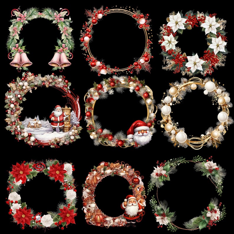 May include: Nine Christmas wreath designs on a black background. The wreaths feature festive elements such as bells, poinsettias, berries, ornaments, and Santa Claus illustrations. Each wreath has a circular or semi-circular shape, ideal for holiday decorations.