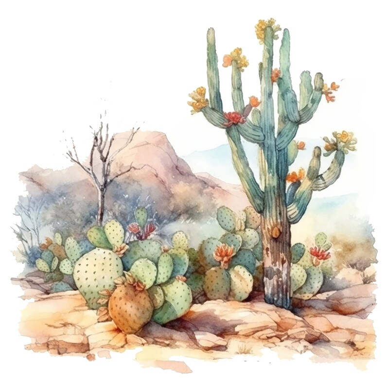 Puede incluir: Una pintura de acuarela de un paisaje des&eacute;rtico con un cactus alto y verde en el centro. El cactus tiene flores amarillas y est&aacute; rodeado de cactus m&aacute;s peque&ntilde;os con almohadillas verdes y flores rojas. El fondo es un cielo azul brumoso con una monta&ntilde;a marr&oacute;n en la distancia.