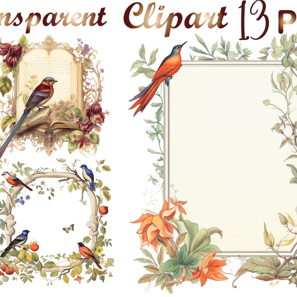 13 Floral and bird frame png, bird png, floral border png, Digital Download, Commercial use, Mixed Media, Digital Craft, Watercolor clipart