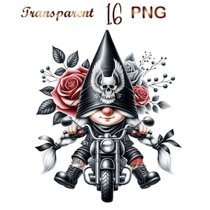 May include: A black and white gnome with a skull and wings on its hat, riding a black motorcycle with red roses and greenery behind it.