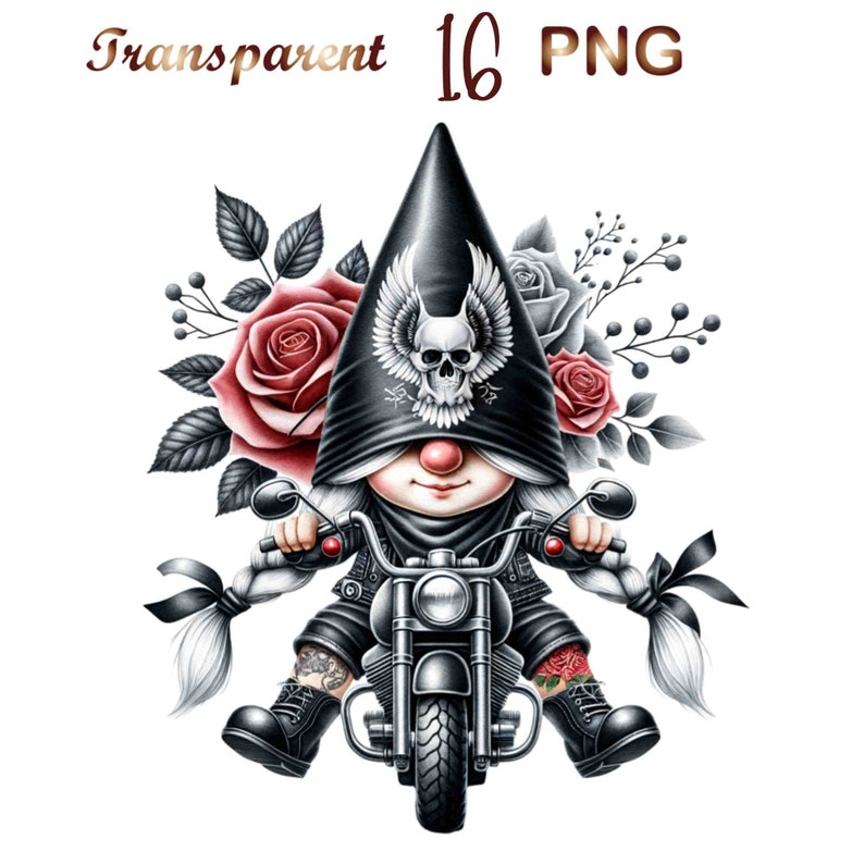 May include: A black and white gnome with a skull and wings on its hat, riding a black motorcycle with red roses and greenery behind it.