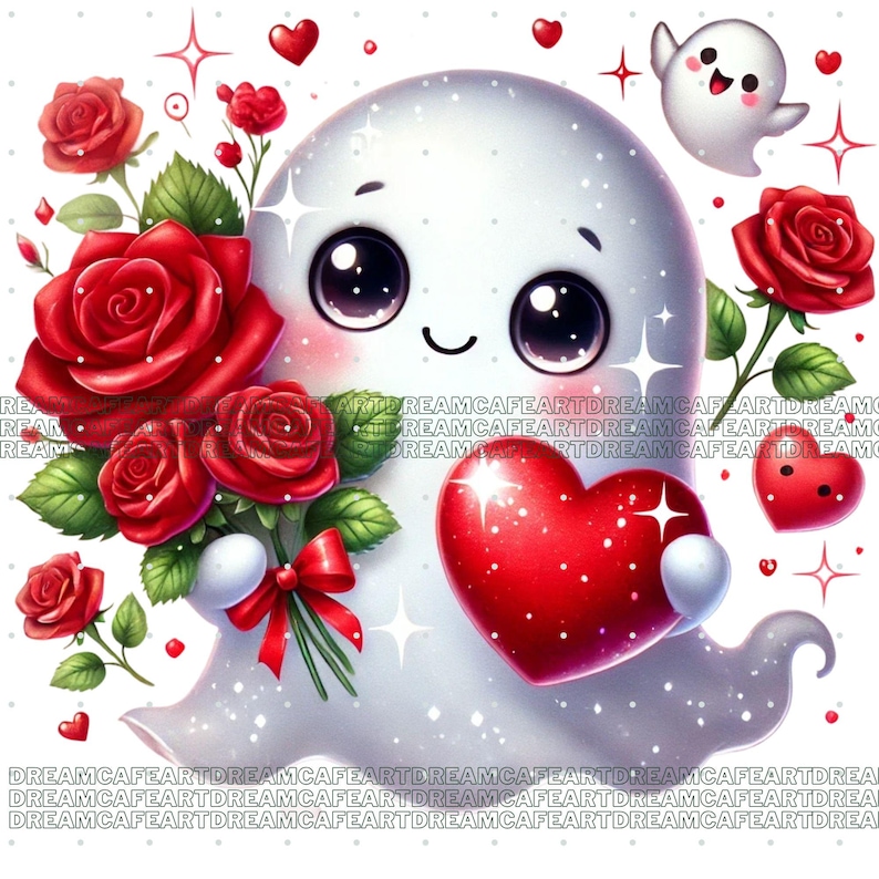 May include: A white ghost with large eyes and a smile holds a red heart and a bouquet of red roses with green leaves and a red bow.