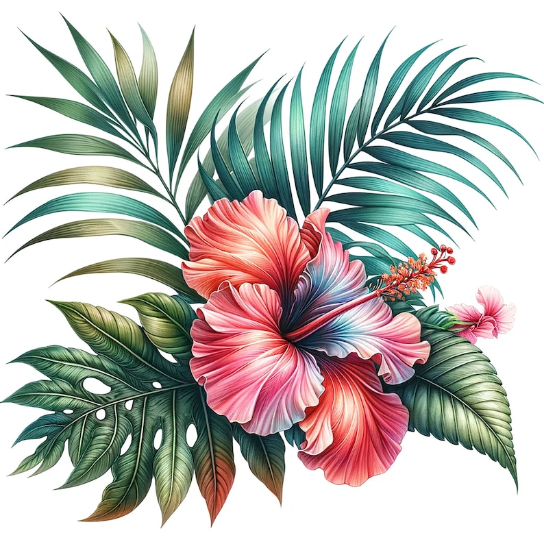 Peut inclure: Une fleur d'hibiscus rose et bleue vibrante avec une feuille de palmier verte et une feuille de monstera derri&egrave;re.