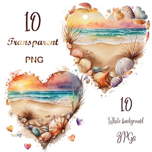 10 PNG/JPG, Retro Beach Heart Watercolor Clipart, Ocean Heart Clipart, Beach Graphics, Retro Beach Heart, Ocean Waves, Beach design