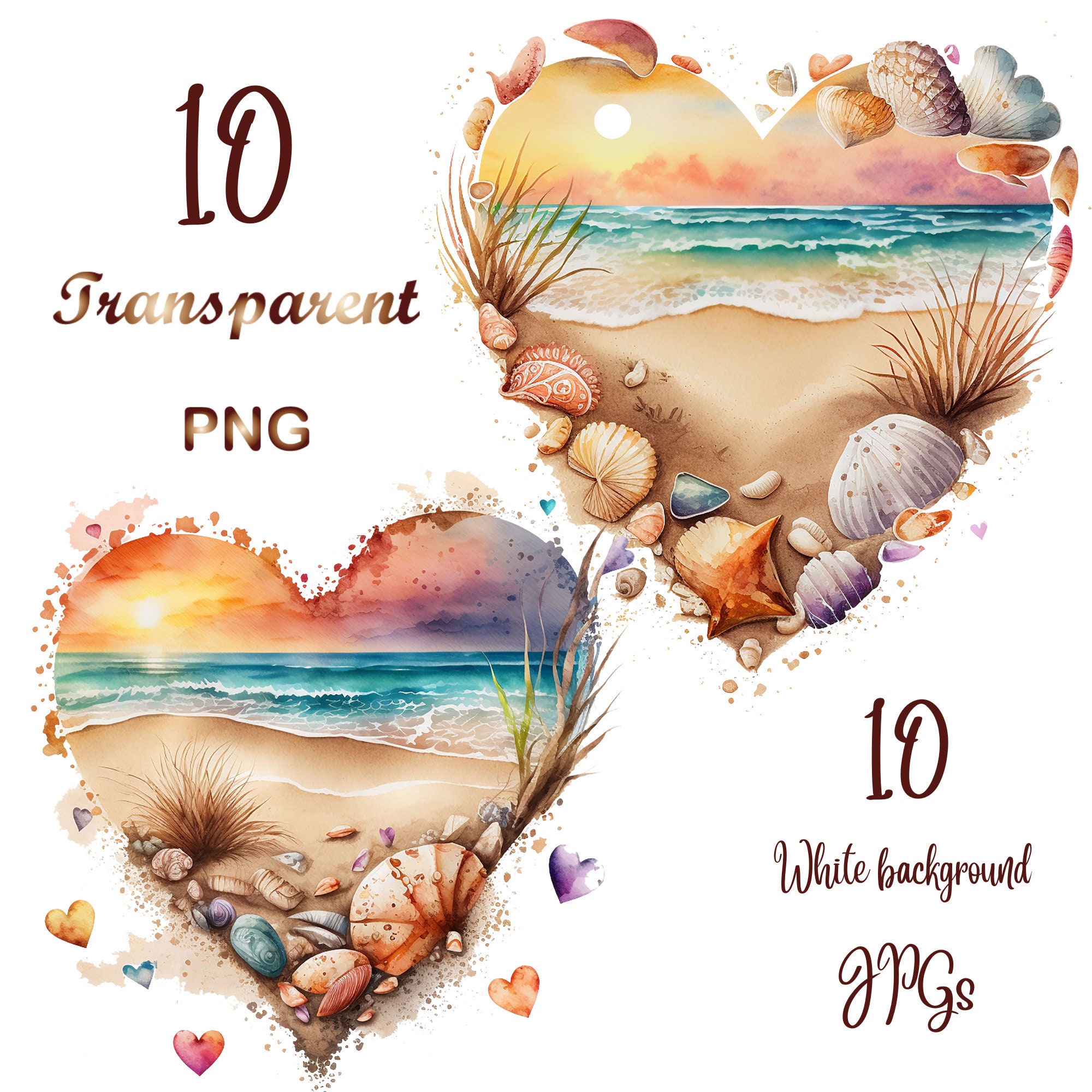 10 PNG/JPG, Retro Beach Heart Watercolor Clipart, Ocean