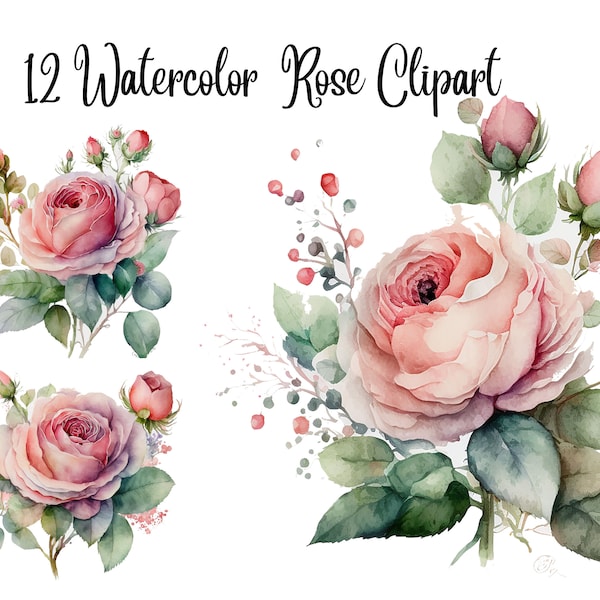 12 Watercolor Rose Clipart - High Quality JPGs - Digital Download - Card Making, Mixed Media, Digital Paper Craft, Watercolor clipart