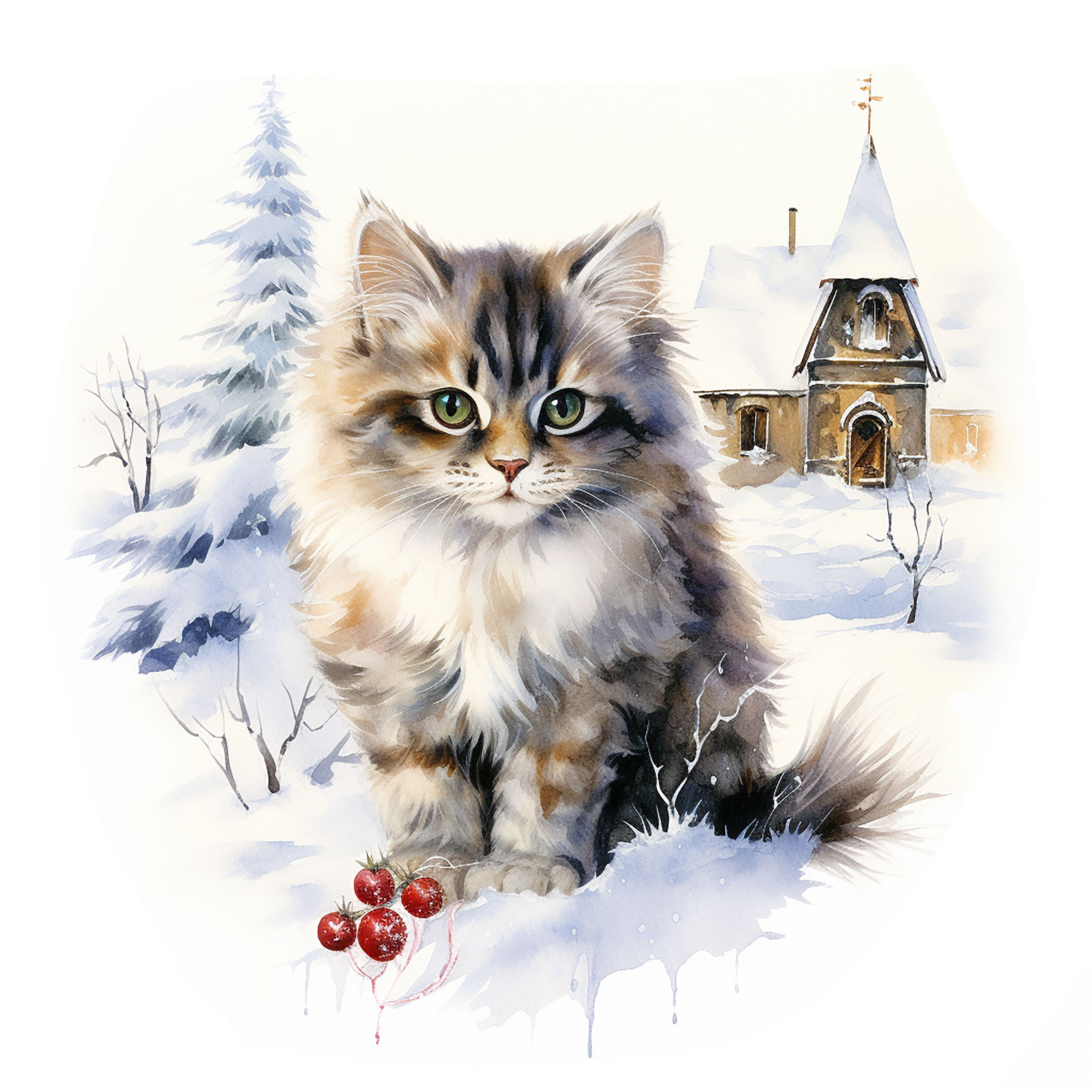 16 Winter Cat Clipart Jpgs, Printable Watercolor Clipart, Winter Cute ...