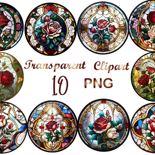 10 Stained Glass Roses png, Glass Roses clipart, watercolor flower, Roses clip art, Stained Glass Roses sublimation, png, sublimation png