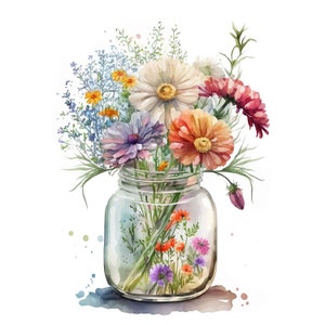 K&ouml;nnte beinhalten: Ein Glasgef&auml;&szlig; gef&uuml;llt mit einem Strau&szlig; bunter Wildblumen, darunter rosa, lila, gelbe und orangefarbene Bl&uuml;ten. Das Gef&auml;&szlig; ist klar und hat ein schlichtes Design.