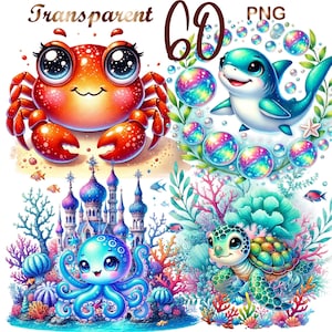 60 PNG Set 2 Unterwassertiere Clipart Bundle, Ocean Marine Life Illustrationen Designs, digitaler Download, unbegrenzte kommerzielle Nutzung für Kunsthandwerk