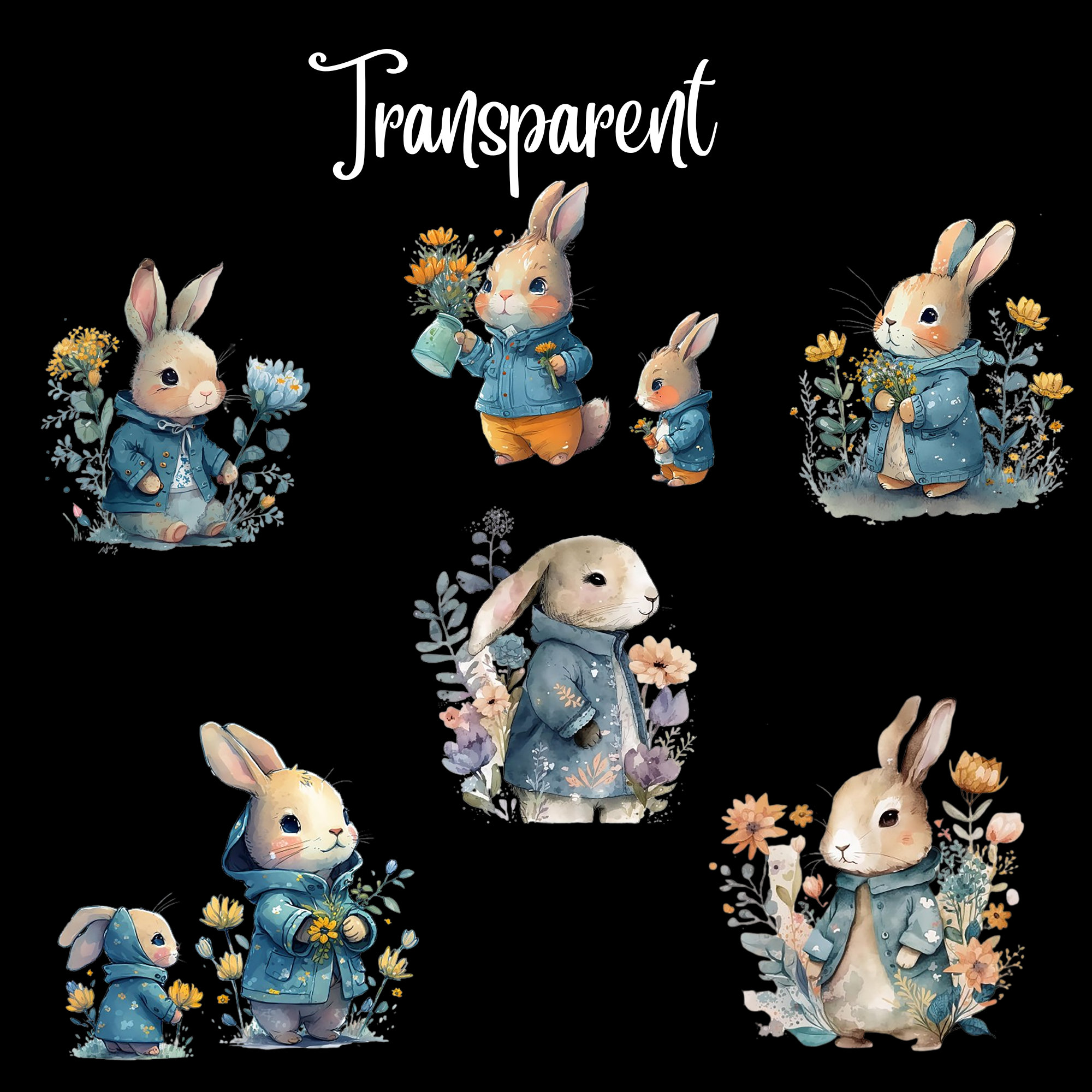 Watercolor Bunny Flower Clipart, Cute Rabbit PNG JPG (digital Download ...