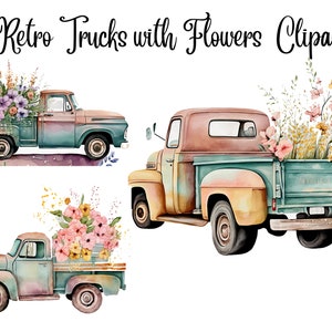 11 Retro Trucks with Flowers Clipart JPGs, Digital Paper Crafting,Digital Planner,Watercolor,Cow Clipart, Digital Download, retro truck png
