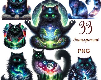 33 PNG, Celestial cat, Mystical cat, Celestial Magic PaganWitchcraft,Night sky art,Mysterious universe,Transparent background,Commercial use