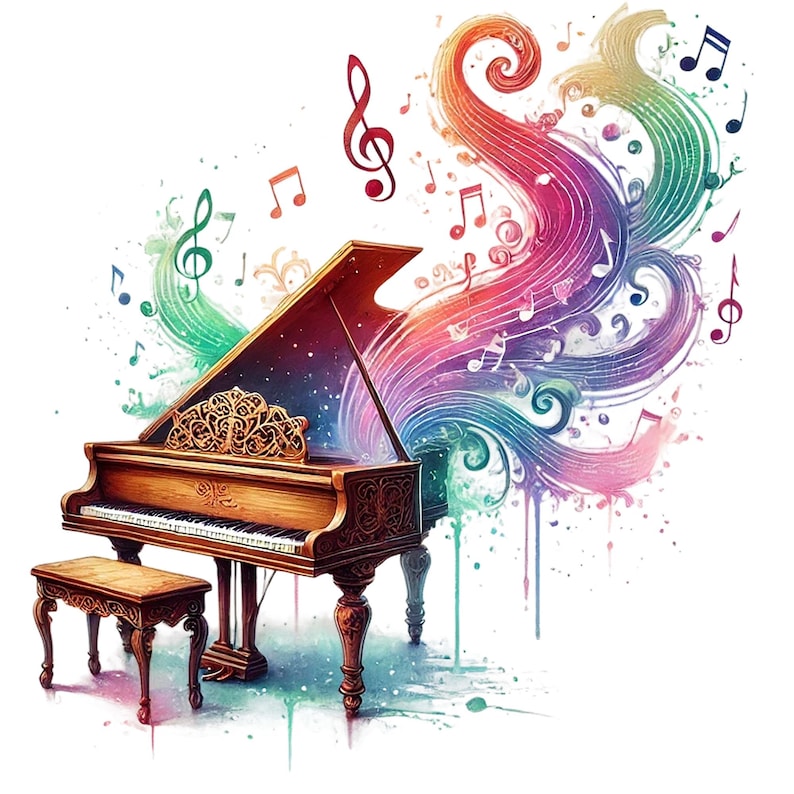 Op de afbeelding: Een vleugelpiano met een houten behuizing en ivoren toetsen. De piano is omgeven door kleurrijke muzieknoten en swirls, wat een fantasierijk en artistiek effect cre&euml;ert.