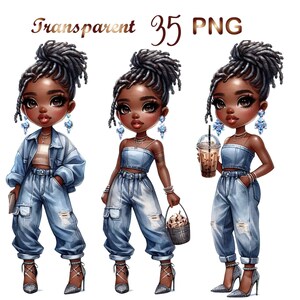 May include: Three digital illustrations of a cartoon girl with dark skin, wearing blue denim overalls and a denim jacket. The girl has long black dreadlocks and is wearing blue earrings. The girl on the left is holding a small purse. The girl in the middle is holding a brown paper bag with a pastry inside. The girl on the right is holding a cup of iced coffee.