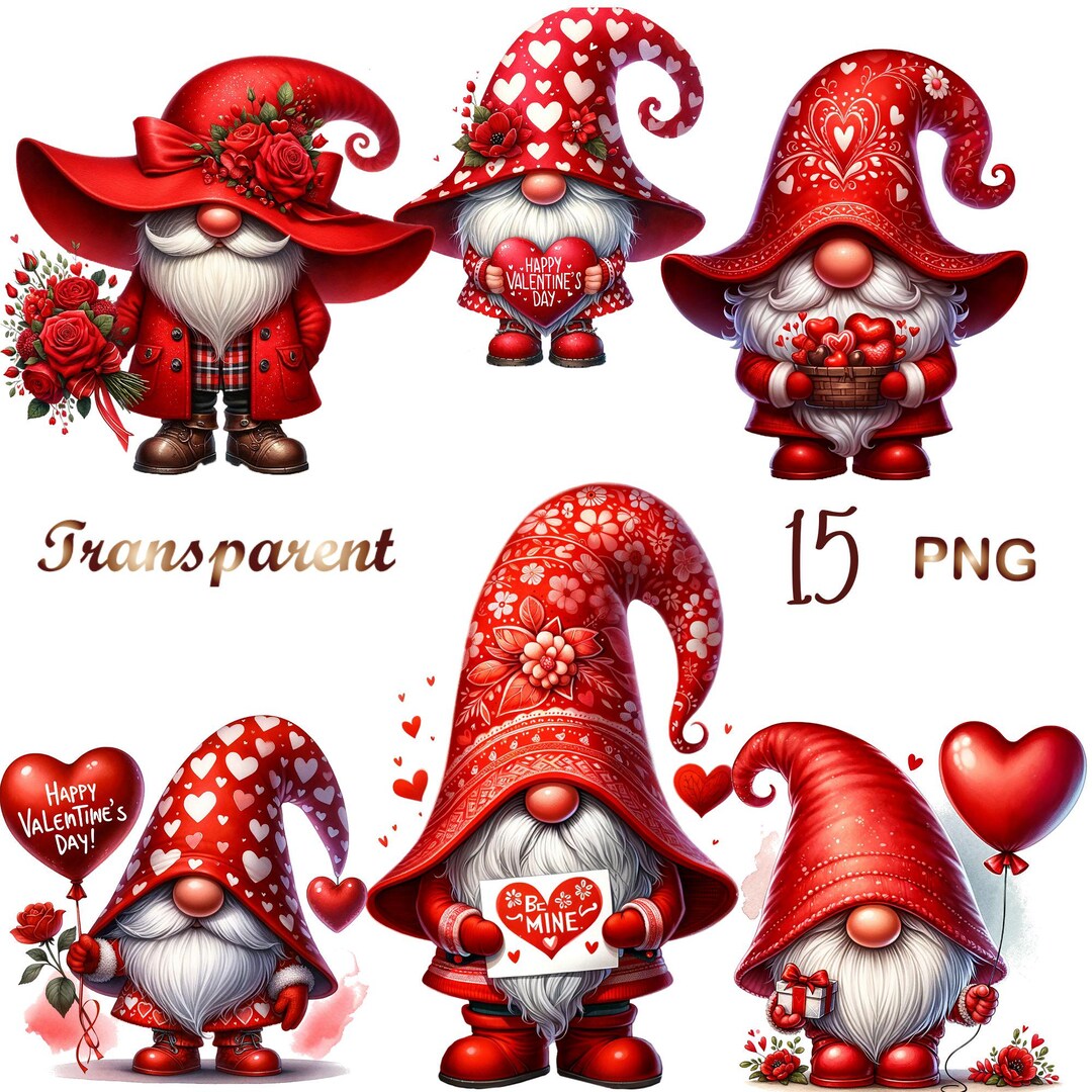 Watercolor Cute Valentine Gnomes, 15 PNG Love Red Gnome Graphics ...