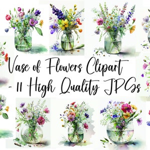11 Vase of Flowers Clipart - High Quality JPGs - Digital Download - Card Making, Mixed Media, Digital Paper Craft,Watercolor clipart,Flowers