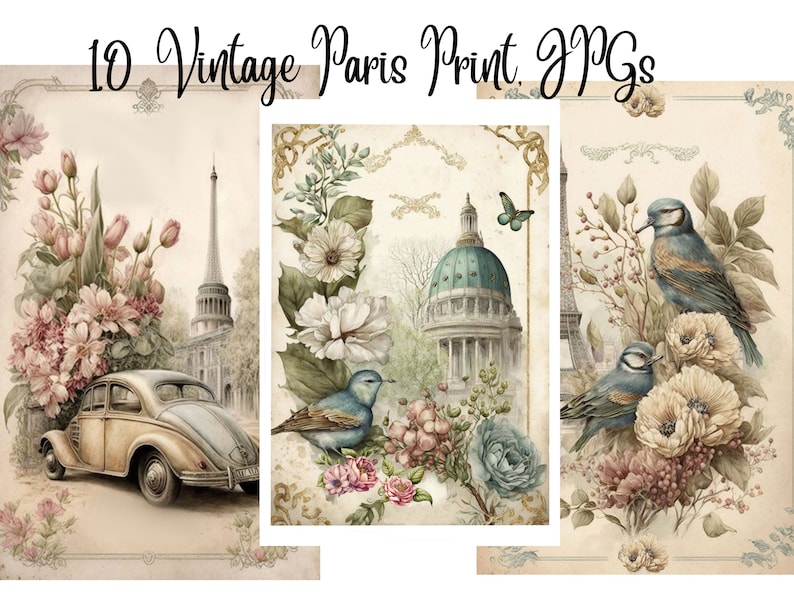 May include: A set of 10 vintage Paris-themed printable JPGs. The images feature a vintage car, a Parisian building, and floral arrangements with birds.