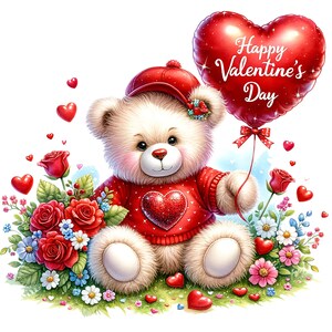 Op de afbeelding: Een pluche teddybeer die een rode trui draagt met een hartvormig ontwerp houdt een rode hartvormige ballon vast waarop "Happy Valentine's Day" staat. De beer is omringd door rode rozen, witte en blauwe bloemen en kleine rode hartjes.