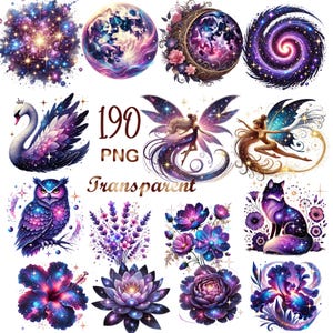 May include: A collection of 190 PNG images with a transparent background. The images feature celestial and fantasy themes, including a swan, owl, fox, fairies, flowers, and celestial bodies in shades of purple, blue, and pink.