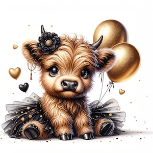 K&ouml;nnte beinhalten: Eine braune und wei&szlig;e Highland-Kuh, die einen schwarzen T&uuml;llrock mit goldenen Punkten und ein schwarzes Blumenband tr&auml;gt. Die Kuh h&auml;lt zwei goldene Ballons mit Schn&uuml;ren.