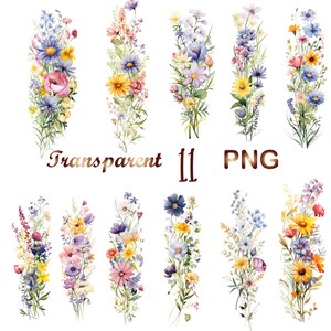 Peut inclure: Onze bouquets floraux aquarelle avec une vari&eacute;t&eacute; de fleurs dans des tons de rose, violet, jaune et bleu. Les bouquets sont dispos&eacute;s verticalement et sont plac&eacute;s sur un fond blanc. Le texte "Transparent 11 PNG" est visible en bas de l'image.