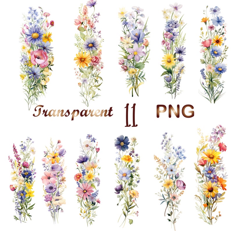 Peut inclure: Onze bouquets floraux aquarelle avec une vari&eacute;t&eacute; de fleurs dans des tons de rose, violet, jaune et bleu. Les bouquets sont dispos&eacute;s verticalement et sont plac&eacute;s sur un fond blanc. Le texte "Transparent 11 PNG" est visible en bas de l'image.