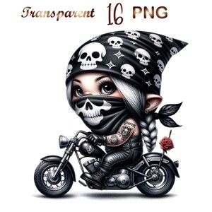 May include: A cartoon illustration of a biker girl with a skull bandana and a skull face mask riding a black motorcycle. She has a braid with a red rose on the back of the motorcycle.