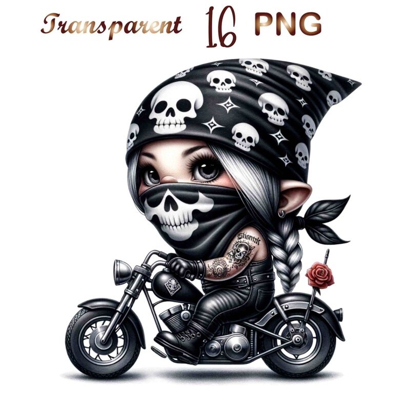 May include: A cartoon illustration of a biker girl with a skull bandana and a skull face mask riding a black motorcycle. She has a braid with a red rose on the back of the motorcycle.