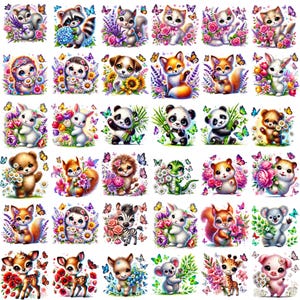 Op de afbeelding: Een set van 36 digitale illustraties met schattige dieren die bloemen vasthouden. Elk dier wordt omringd door vlinders en bloemen in verschillende kleuren, waaronder roze, paars, blauw, geel en groen.