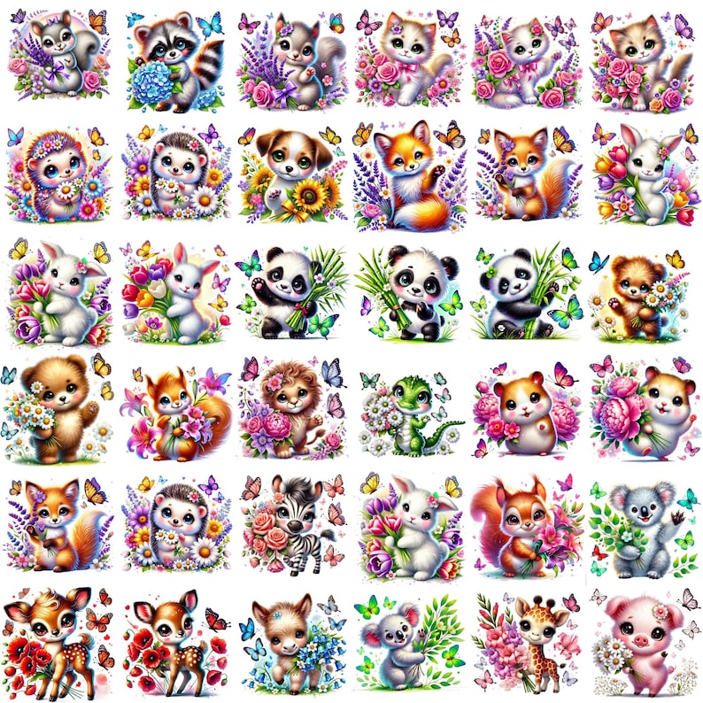Op de afbeelding: Een set van 36 digitale illustraties met schattige dieren die bloemen vasthouden. Elk dier wordt omringd door vlinders en bloemen in verschillende kleuren, waaronder roze, paars, blauw, geel en groen.