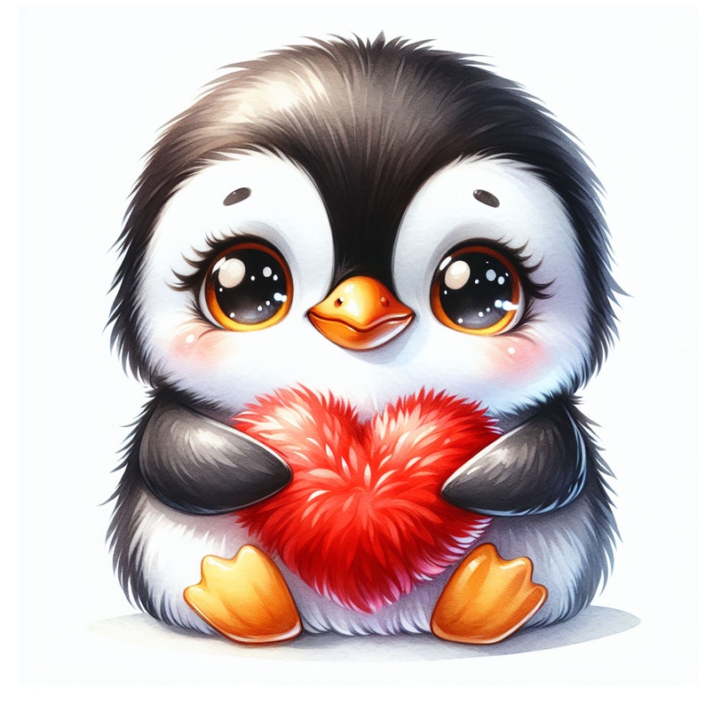 May include: A cartoon penguin with big eyes and a fluffy red heart in its arms. The penguin is sitting on a white background.