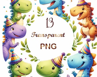 May include: A collection of 7 cartoon dinosaurs in various colors, each wearing a party hat. The dinosaurs are surrounded by green leaves and confetti. The image includes the text "13 Transparent PNG".