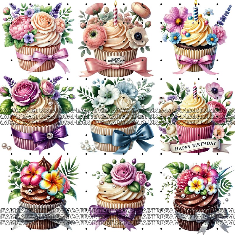140 PNG Floral Cupcake Clipart Bundle – Watercolor Birthday Cupcakes ...