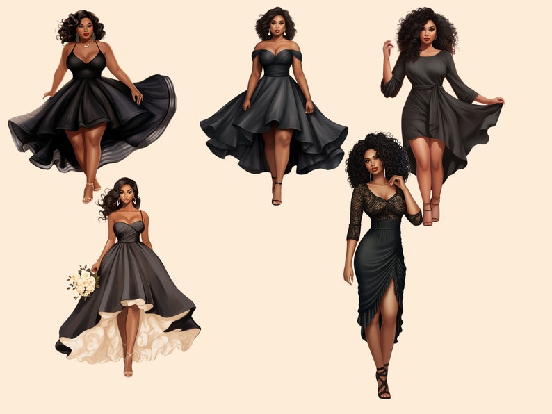 16 Black Woman clipart, Bridesmaid clipart, Prom Black girl clipart, Women of Color clipart,clipart for Planner Sticker, black dress clipart image 4