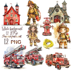 12 PNG/JPG, Cute Fire Department Watercolor Clipart, Fire Station Fireman, PNG Clipart, Fire Fighter Fire Truck Birthday, Firefighter